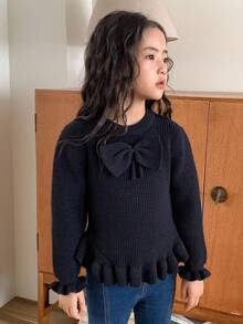 Dazy Kids Girls Crew Neck Bow Decor Sweater, Autumn - Navy Blue - View 4