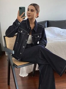 Livesso 女士休闲翻领上衣和牛仔裤套装，秋季 - 深色水洗藍 - 查看 6