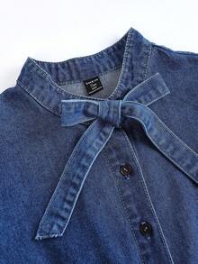 Teen Girl Blue Denim Ruffle Collar Puff Sleeve Dress,Elegant Cinched-Waist Dress,Long-Sleeved Denim Dress,Fall Clothes,Autumn Clothes ,Casual And Fashionable Vacation Outfits,Homecoming Dress,Hoco Dressses Winter - Dark Wash - View 5