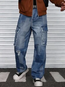 Manfinity Roughcore Men's Personalized Street Retro Loose Blue Mosaic Plaid Raw Edge Patch Large Pocket Jeans, Suitable For Parties And Work, Emo Style - Blue - View 1