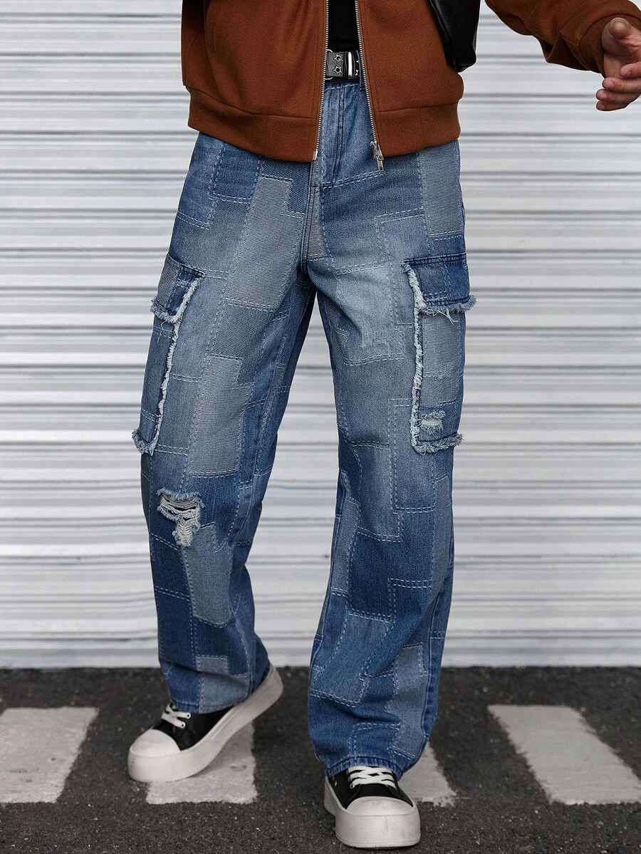 Manfinity Roughcore Men's Personalized Street Retro Loose Blue Mosaic Plaid Raw Edge Patch Large Pocket Jeans, Suitable For Parties And Work, Emo Style - Blue - View 1