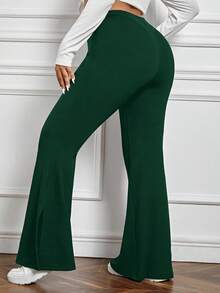 SHEIN PETITE CURVE Plus Petite 女士开衩喇叭裤 - 墨綠色 - 查看 6