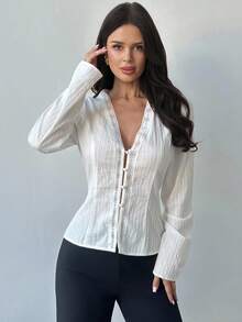Firerie Women's Elegant Off-White Autumn Dinner Date Lace Patchwork V-Neck Long Sleeve Button Front Cotton Blend Fitted Shirt,Daily Casual Commute Office Wear - White - View 5
