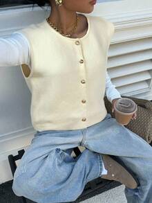 Siren Gaze 女士纯色圆领单排扣休闲针织背心，秋冬 - 白色 - 查看 6