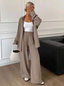 Strévra 女士西式度假沙滩纯色亚麻宽松休闲两件套，春季女士休闲套装