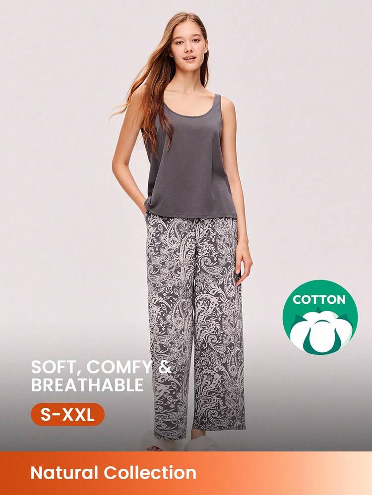 夏用 ブラック エアリー ソフト 100%コットン ベーシックタンクトップ&柄パンツ ルームウェア エアリーパジャマセット レディース ポケット付きパンツ アウターウェアとしても着用可能なランジェリー ルームウェアセット レディース コットンパジャマ