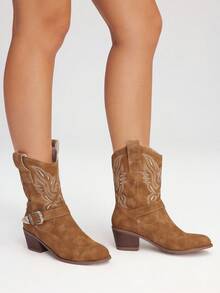 Styleloop Women's Western Embroidered Apricot Mid-Calf Boots, Comfortable For Vacation, Commute, Chunky Heel, Shark Boots For Halloween Party - Apricot - View 6