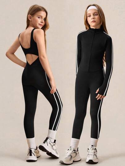 Tween Girls Black Knit Long Sleeve Jacket & Black Skinny Jumpsuit Set, Fashionable High-Stretch Fabric, Flattering Fit, For Workout, Casual Everyday Wear Fall Winter