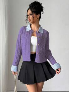 Chiquease Áo khoác len cardigan ngắn 2 trong 1 chắp vá thời trang lấy cảm hứng từ Blogger, phong cách Châu Âu và Mỹ - Màu tím  Violet - Xem 3