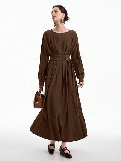 Aalyst 安可拉红极简腰部设计X型褶皱枣红色连衣裙可拆卸圆领蝙蝠袖A字女装轻奢商务旅行出城度假派对装