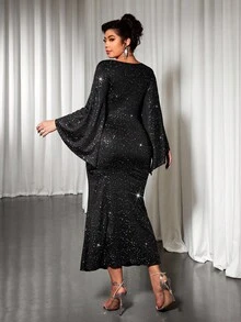 Cravure Váy midi đuôi cá cỡ lớn cho nữ, cổ chữ V, tay dài, màu trơn, đính sequin, phù hợp với phụ nữ - Đen và trắng - Xem 2