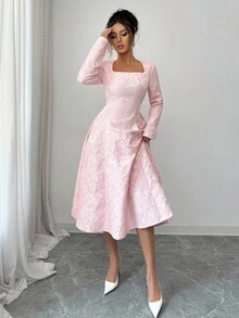 Elenzga Women's Pink Jacquard Textured Fabric Square Neck Waist Cinching A-Line Midi Dress, Elegant And Sophisticated, Suitable For Birthday, Date, Party, Concert, Christmas Eve, Christmas, Autumn/Winter - Pink - View 7