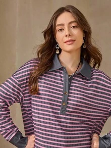 Wildy Áo thun tay dài cổ polo kẻ sọc phong cách miền Tây nước Mỹ, thích hợp cho thời trang đường phố, sân bay, trở lại trường học - Nhiều màu - Xem 7