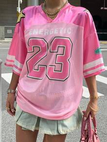 Muchica Women's New V-Neck Casual Sporty Letter & Graphic Patchwork Oversized Loose Tee T-Shirt, Pink