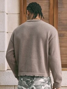 AXEPEAK Men's Casual Crew Neck Drop Shoulder Long Sleeve Numeric Pattern Knit Pullover Sweater, Fall Winter - Coffee Brown - View 2