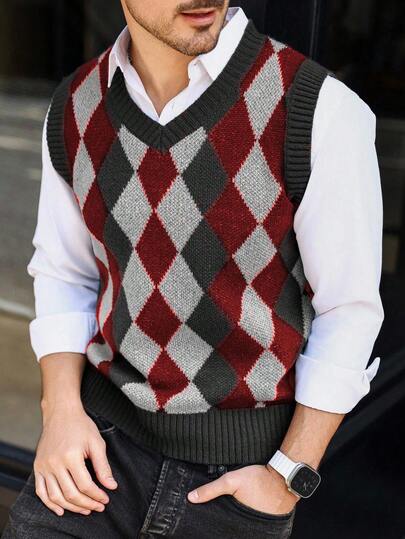 Manfinity Homme Plus Size Men's Rhombus Pattern V-Neck Casual Knitted Vest, Autumn/Winter