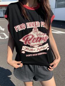 DAZY Camiseta de manga corta con texto gráfico de ajuste holgado informal, adecuada para uso diario Y2K - Negro - Ver 9