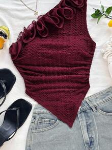 Soleia Romantic Floral Trim Fitted One Shoulder Blouse, Suitable For Vacation, Music Festival, Bohemian, Holiday Date, Afternoon Tea Burgundy - Burgundy - View 4