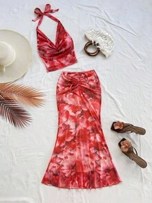 Soleia 女士度假两件套针织印花网眼露背扭纹抽绳褶饰修身套装，派对性感约会海滩度假夏季服装，节日约会下午茶，婚礼季节，海滨邮轮度假，城市度假，波西米亚风度假，音乐节 - 酒紅色 - 查看 3