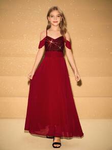 优雅奢华的勃艮第雪纺亮片细肩带长裙，适合少女穿着，适合晚会、宴会、婚礼、花童、毕业典礼、圣诞节、万圣节等场合 - 酒紅色 - 查看 4