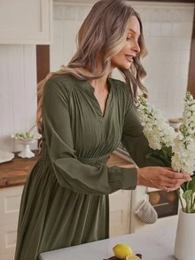 Louniche Women's Elegant Formal Office Commute Casual Holiday Party Vintage Teacher Autumn Middle Eastern Style Solid Mandarin Collar Waistband Elastic Waist A-Line Asymmetric Hem Long Sleeve Maxi Dress - Army Green - View 4