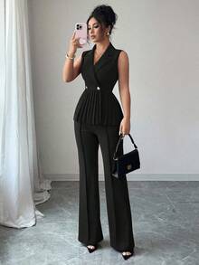 Selianne 2件套优雅浪漫褶皱腰A字形无袖女士西装套装 - 黑色 - 查看 1