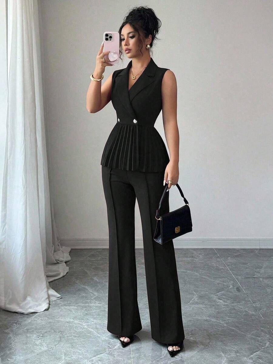 Selianne 2件套优雅浪漫褶皱腰A字形无袖女士西装套装 - 黑色 - 查看 1