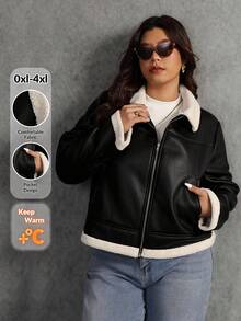Elaquor Plus Size Women's Fashion Motorcycle PU Leather Thermal Lined Zip-Up Jacket Plus Size Winter Clothes Plus Size Jacket Streetwear Plus Size
