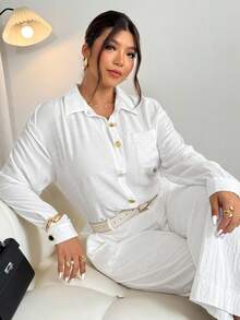 Firerie 大码女式休闲简约优雅通勤都市时尚街头时尚新款金属纽扣翻领亚麻混纺长袖白衬衫，秋冬春 - 白色 - 查看 2