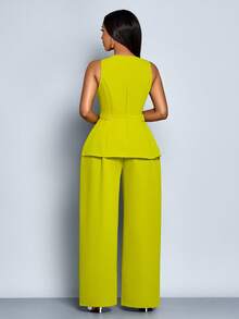 SOLERSUN 2pcs/Set Minimalist Solid Color Sleeveless Top And Wide Leg Pants Suit, Commuting - Green - View 2