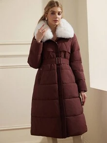 GENKIRA Fashionable Versatile Waist Belt Slim Fit Detachable Faux Fur Collar Padded Coat For Women - Red - View 6