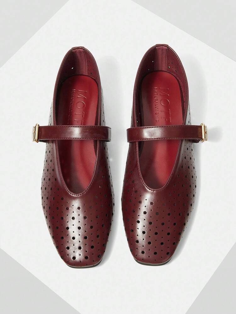 Zapatos planos de mujer con corte láser tipo Mary Jane, de punta cuadrada, cómodos y versátiles para el uso diario