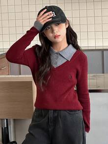 DAZY 女童撞色长袖毛衣 秋冬 - 酒紅色 - 查看 2