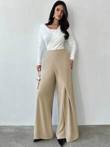 Firerie Pantalones cortos con falda de talle alto, elegantes y versátiles, de pierna ancha y suelta, en colores café y caqui, adecuados para ir a la oficina, viajar en avión, otoño/invierno y uso casual