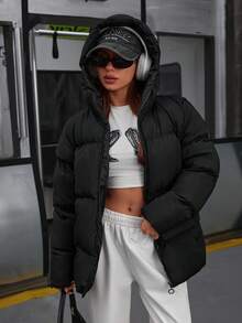 EURMUSE Einfarbiger, reißverschlussbestückter, gepolsterter Mantel mit Kapuze und langen Ärmeln, Winter - Schwarz - Übersicht 5