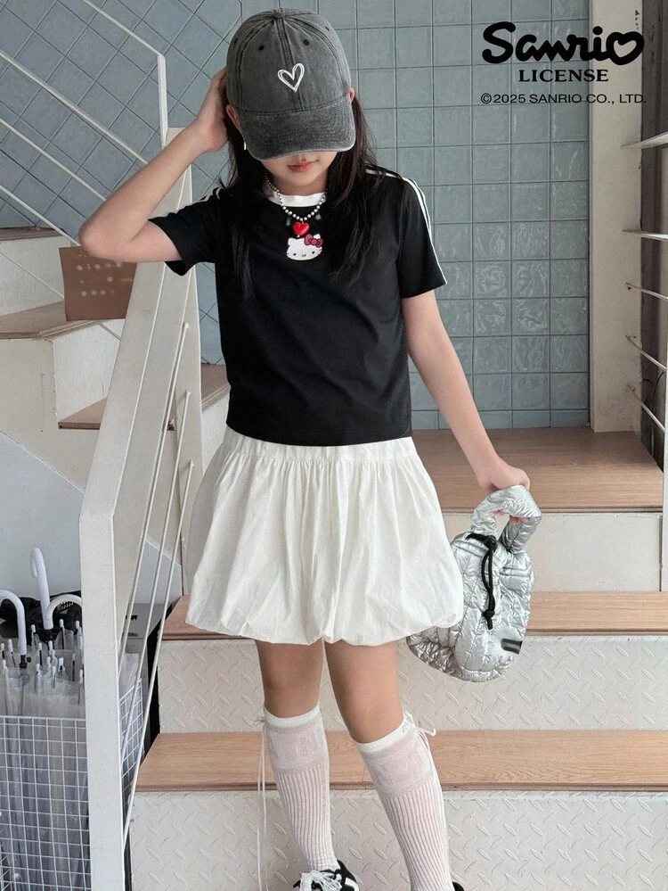 HELLO KITTY | DAZY Tween Girl Collab Knit Crew Neck Short Sleeve Printed T-Shirt, Summer Girls Oversize Tee