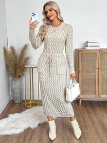 EMERY ROSE 女士秋冬麻花图案圆领长袖抽绳腰部口袋修身优雅针织连衣裙 - 杏色 - 查看 7