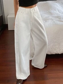DAZY 女士休闲宽松高腰白色牛仔裤 - 卡其色 - 查看 6