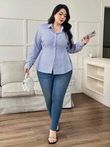 Modelyn Plus Size Casual Commuter Striped Waist Shirt - Blue - View 5