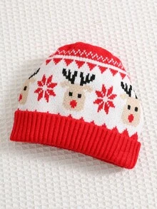 SHEIN 2pcs Baby Boy Red Thick Deer & Snowflake Pattern Loose Knit Jumpsuit With Jacquard Hat, Suitable For Christmas - Red - View 5