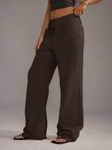 SHEIN Tall Women's Casual Solid Color Loose Wide Leg Pants, Suitable For Commuting - Mocha Brown - View 5
