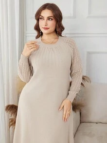 Lacomfia Vestido de punto de talla grande con textura y parches de unicolor para uso casual y de oficina - Gris Claro - Ver 1