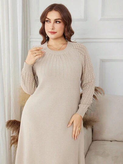 Lacomfia 大码休闲通勤纯色纹理拼布针织连衣裙