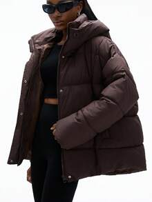Aveloria GENKIRA 秋冬棕色简约百搭高端复古设计纯色连帽时尚宽松休闲棉服女大衣 - 棕色 - 查看 5