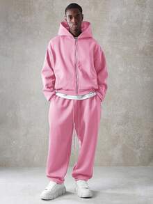 SUMWON 经典全拉链连帽衫，带抽绳，休闲街头风居家服，日常舒适穿着，秋冬必备叠穿单品，纯色 - 淺粉色 - 查看 4