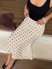 SHEIN EZwear 荷叶边波点印花修身优雅中长裙，夏季女装波点裙 波点长裙 波点鱼尾裙 波点长裙 - 杏色 - 查看 4