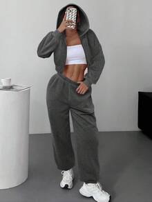 SHEIN EZwear 女款深灰色秋季休閒健身兩件套針織連帽短版拉鍊衛衣，落肩長袖搭配同色長褲 - 深灰色 - 查看 3
