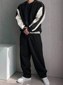 DAZY 男士撞色拼接保暖内衬套头衫，秋冬款 - 黑色 - 查看 3