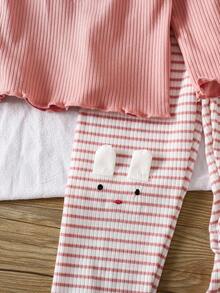2pcs/Set Young Girl Crew Neck Ribbed Knit Long Sleeve Top With Cute Rabbit Embroidery & Striped Pants, Cozy Loungewear, Autumn/Spring Fall Winter - Multicolor - View 5