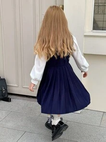 SHEIN Playful Pals Gaun Lengan Panjang 2-in-1 Warna Biru Tua Gaya Sekolah untuk Anak Perempuan, Gaun Lengan Mengembang dengan Pita Warna Kontras untuk Hari Karier Musim Gugur, Cocok untuk Kembali ke Sekolah, Acara Karier, dan Hari Karier. - Navy Blue - View 2